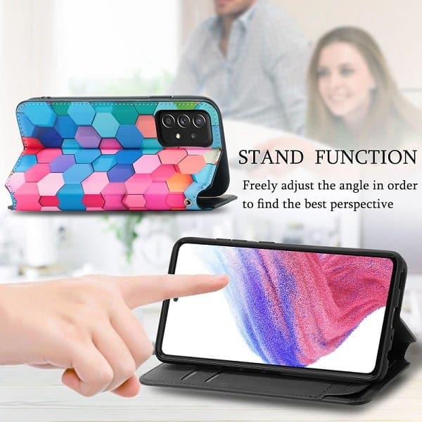 CaseNeo For Samsung Galaxy A53 5G Leather Wallet Flip Case With RFID Blocking Credit Card Holder Slots Cover - Colored Squares CaseNeo For Samsung Galaxy A53 5G Leather Wallet Flip Case With RFID Blocking Credit Card Holder Slots Cover - Colored Squares